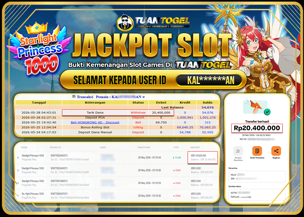 TUANTOGEL JACKPOT SLOT STARLIGHT PRINCESS 1000 Rp20.400.000,- LUNAS